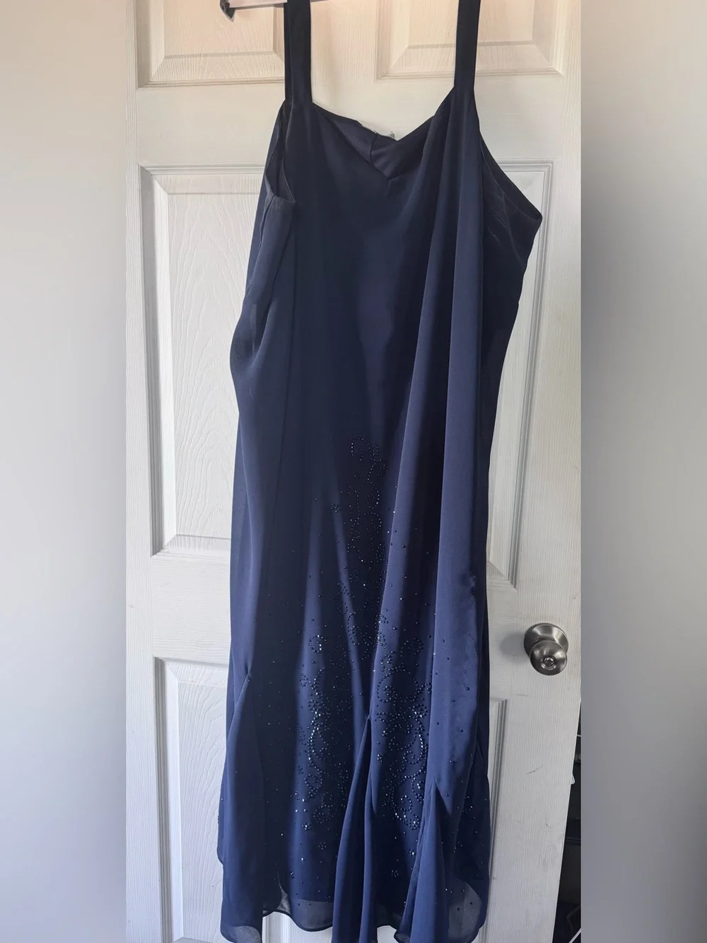 Navy Blue Embellished Evening Dress with Sheer Shawl
